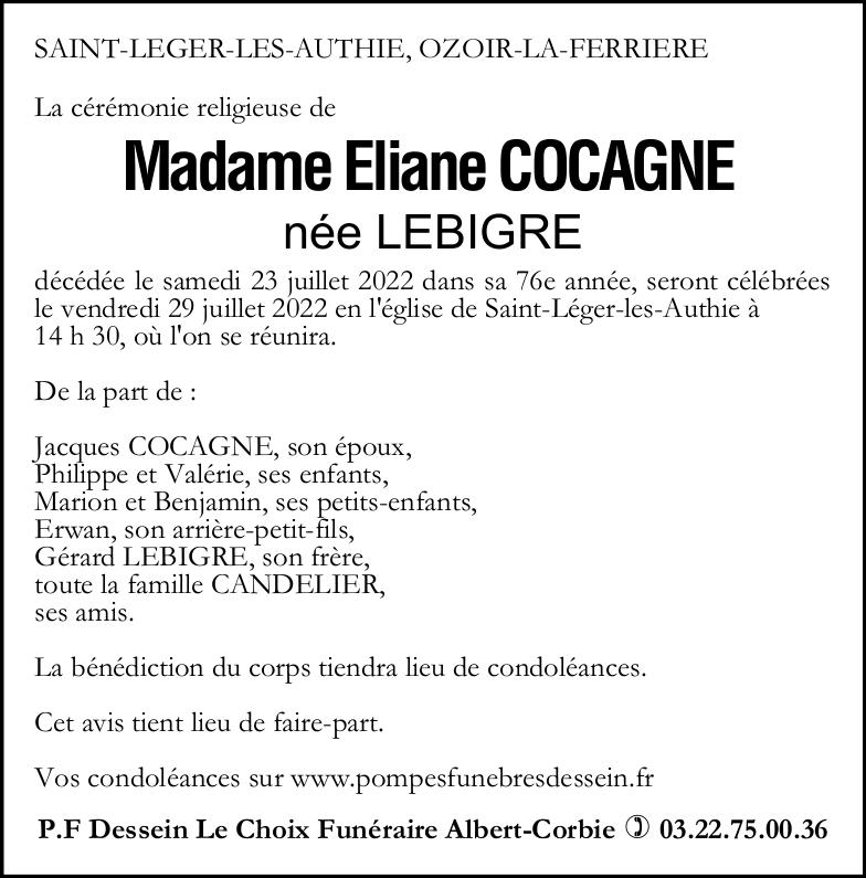 Avis de décès Madame Eliane COCAGNE née LEBIGRE