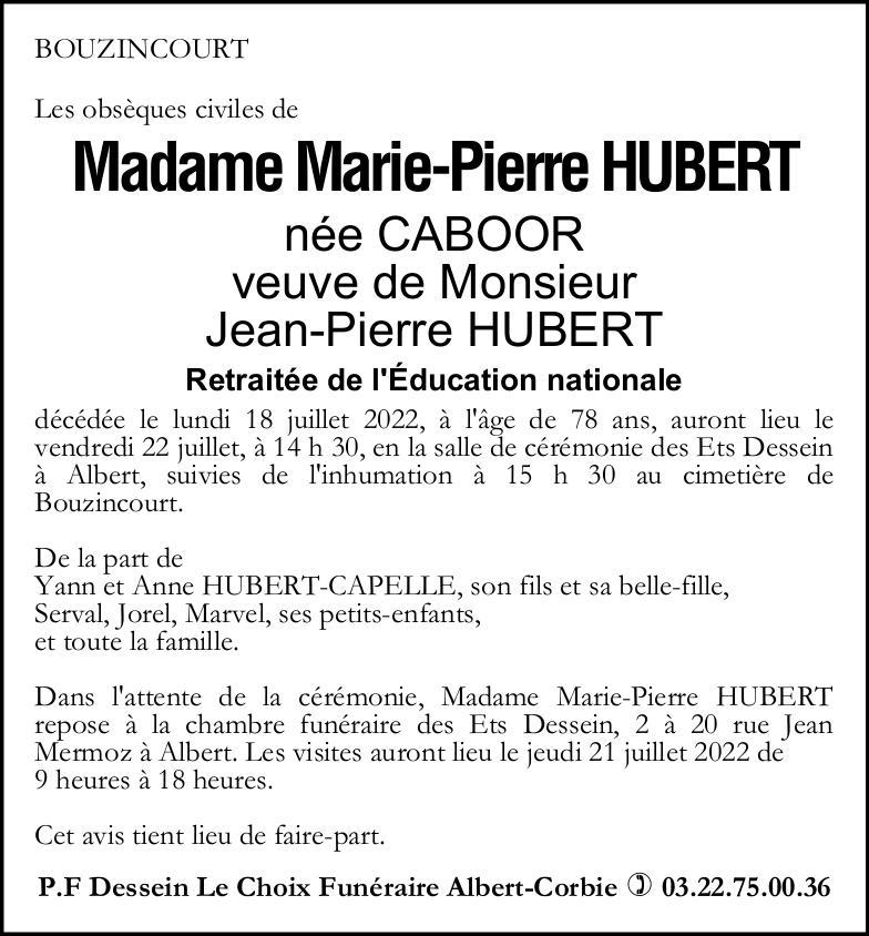 avis de décès de Mme HUBERT Marie-Pierre