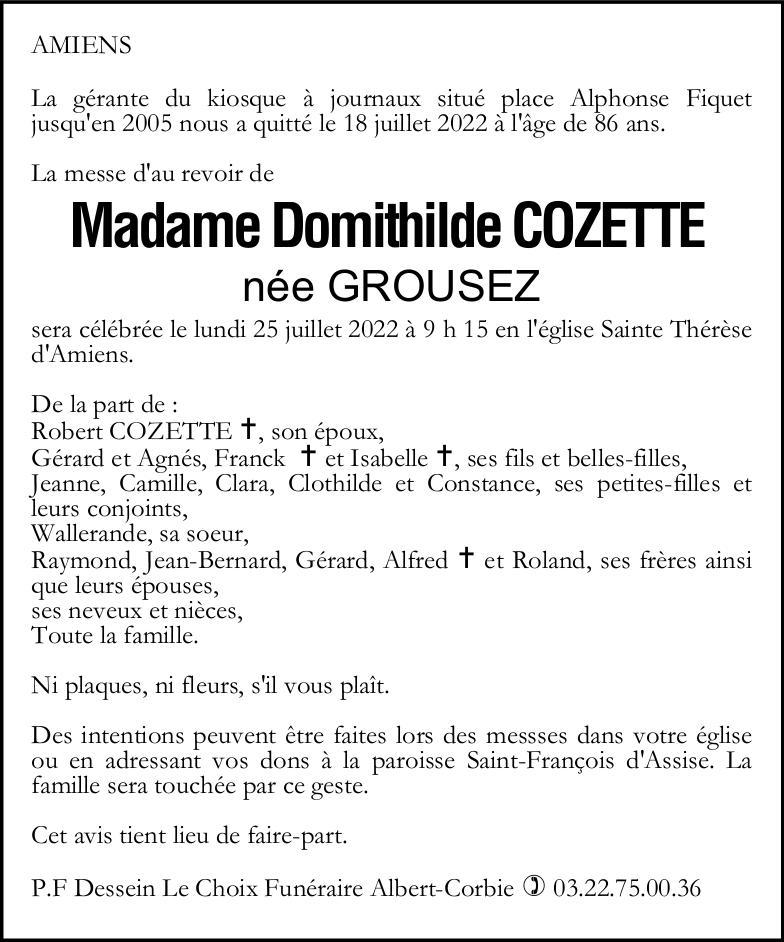 Avis de décès Mme COZETTE
