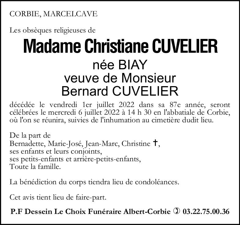 Avis de décès madame Christiane CUVELIER