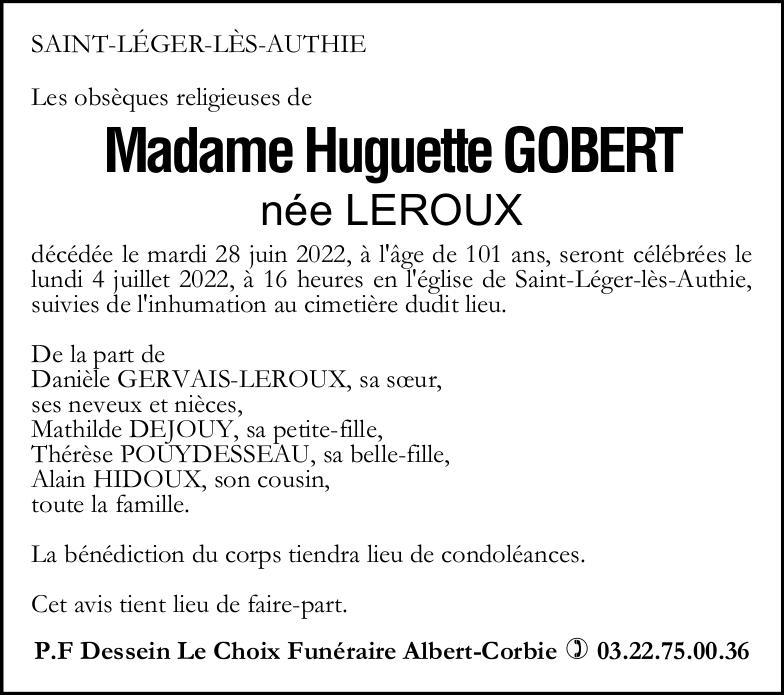 avis de décès de Madame Huguette GOBERT née LEROUX