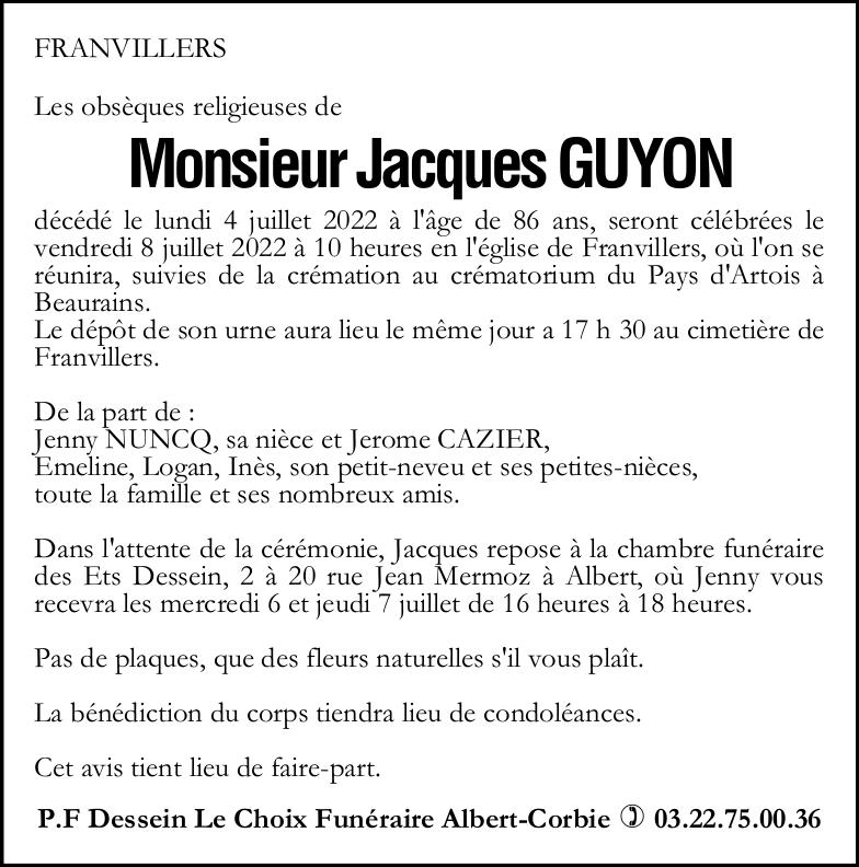 avis de décès de Monsieur Jacques GUYON