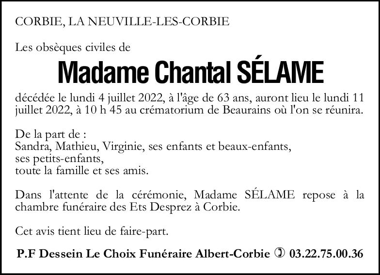 Avis de décès de Madame Chantal SÉLAME