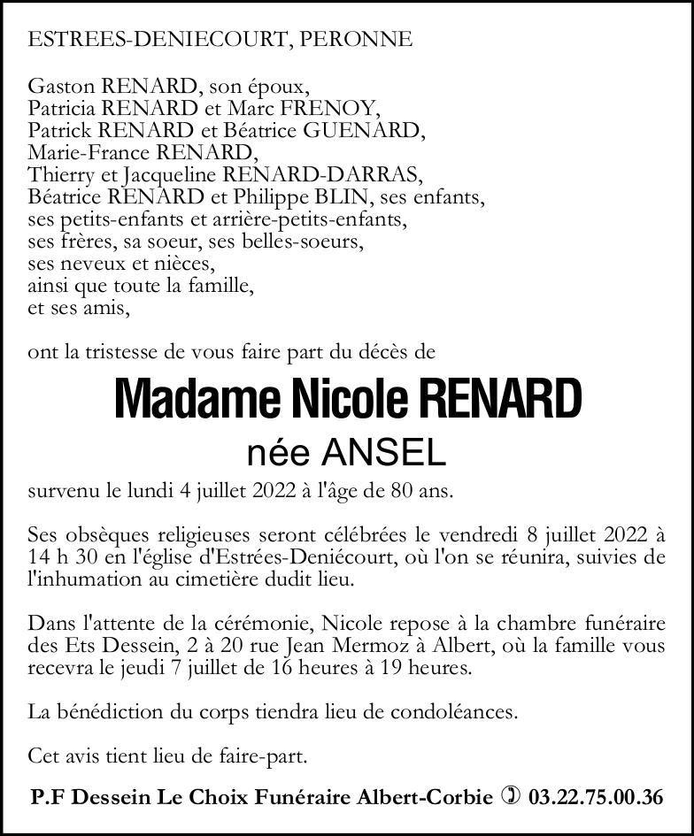 Avis de décès de madame Nicole RENARD