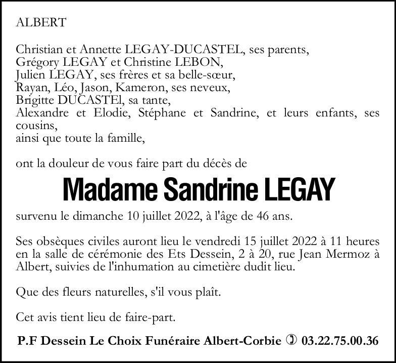 Avis de décès de Madame Sandrine LEGAY