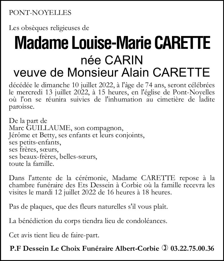 avis de décès de Madame Louise-Marie CARETTE née CARIN