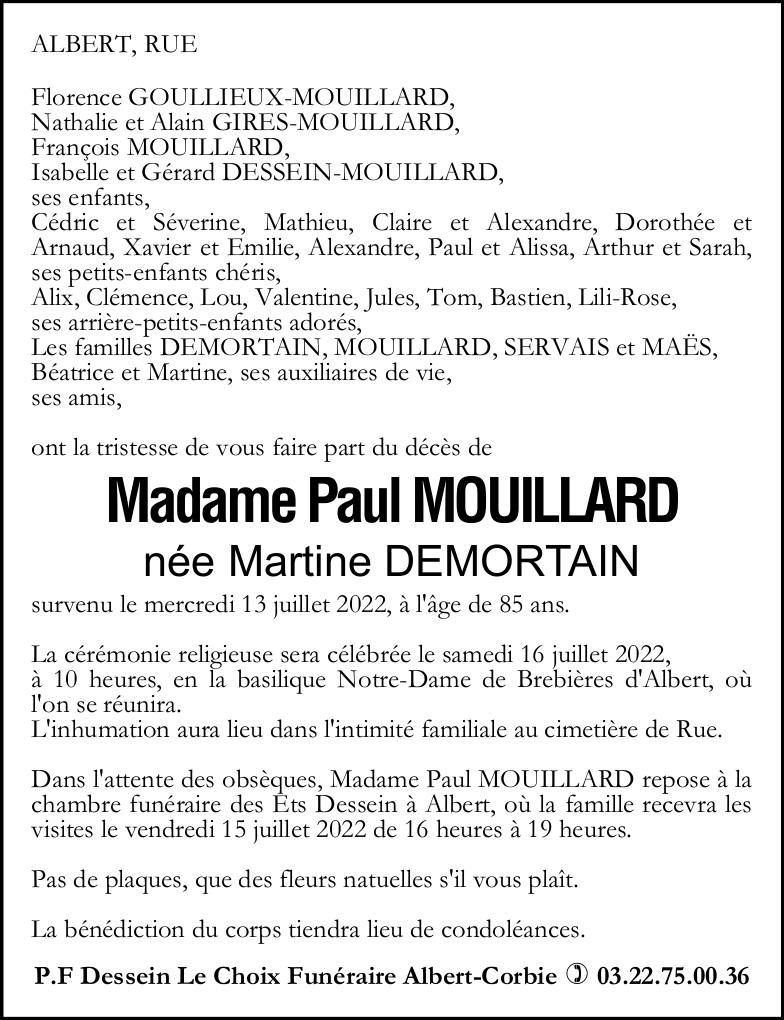avis de décès de Madame Martine MOUILLARD née DEMORTAIN