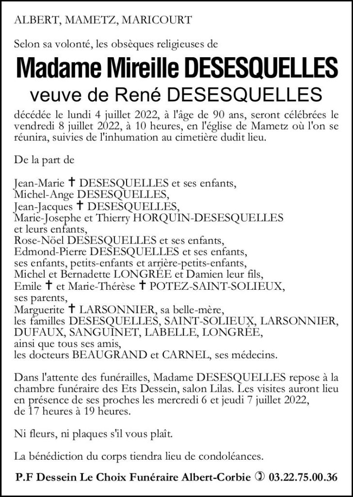 avis de décès de Madame Mireille DESESQUELLES