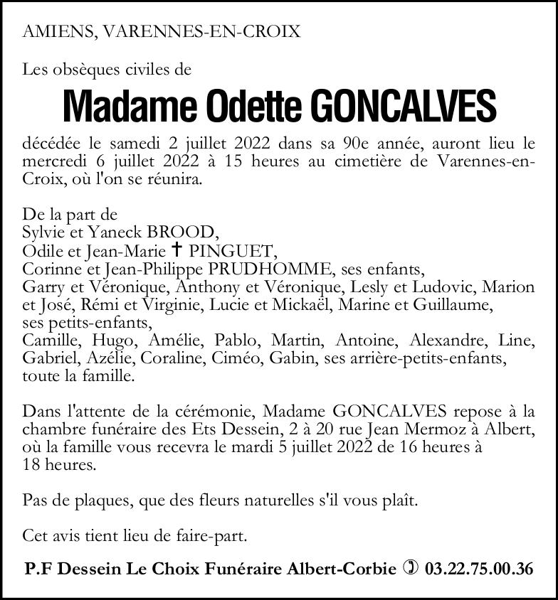 avis de décès de Madame Odette GONCALVES