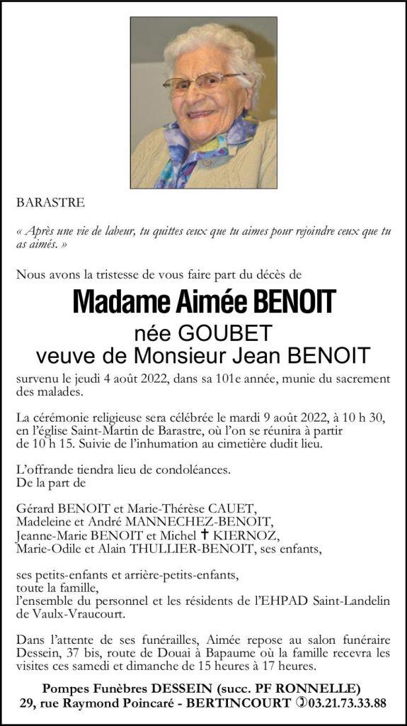 Avis de décès - Aimée BENOIT née GOUBET
