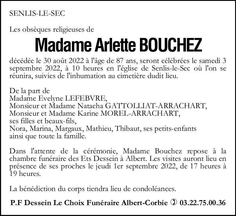 Avis de décès Madame Arlette BOUCHEZ