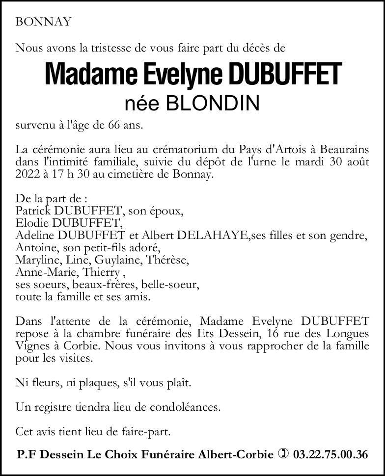 Avis de décès Evelyse DUBUFFET