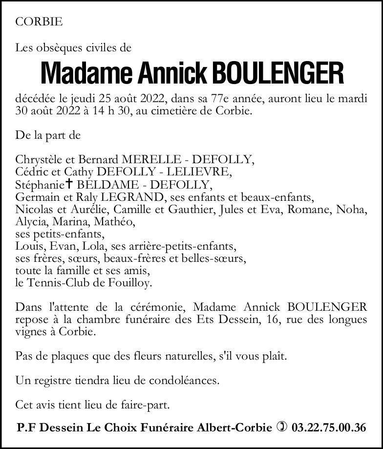 Avis de décès Madame Annick BOULENGER