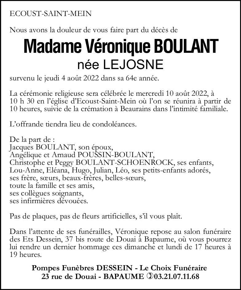 Avis de décès - Madame BOULANT Véronique née LEJOSNE