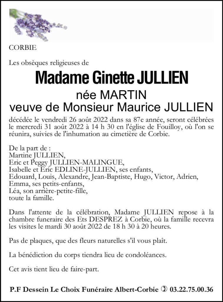 Avis de décès Madame Ginette JULIEN