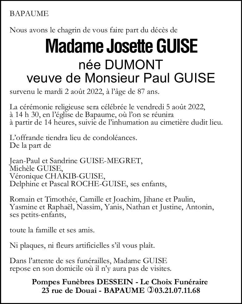 Avis de décès - Madame Josette GUISE née DUMONT