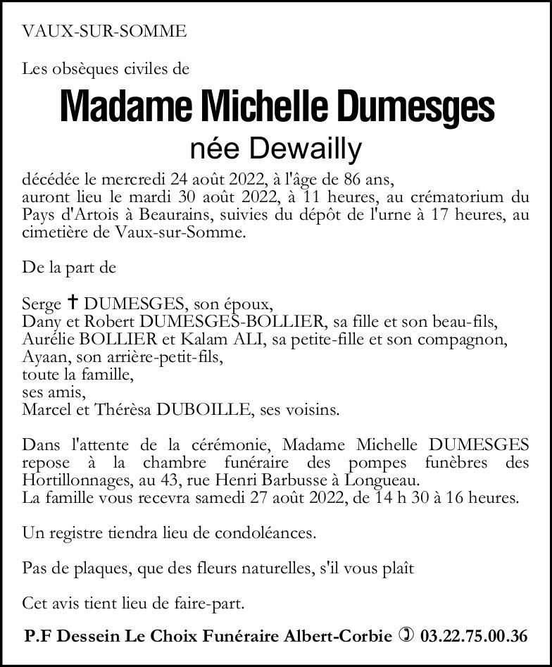 Avis de décès Madame Michelle DUMESGES