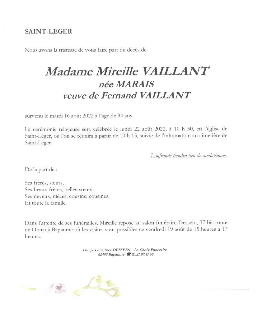 Avis de décès - Madame Mireille VAILLANT née MARAIS