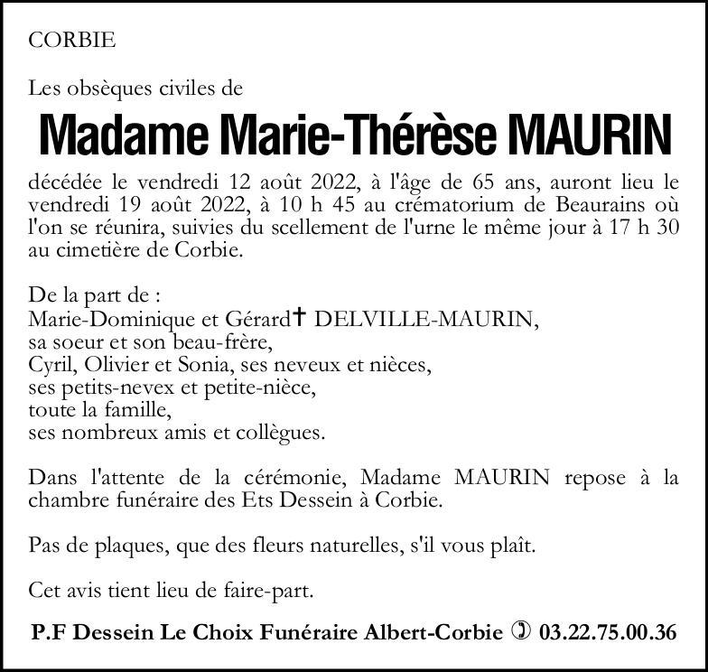 Avis de décès Marie-Thérèse MAURIN