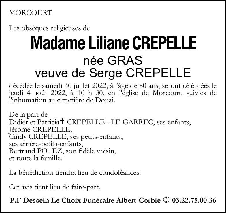 Avis de décès Mme CREPELLE Liliane