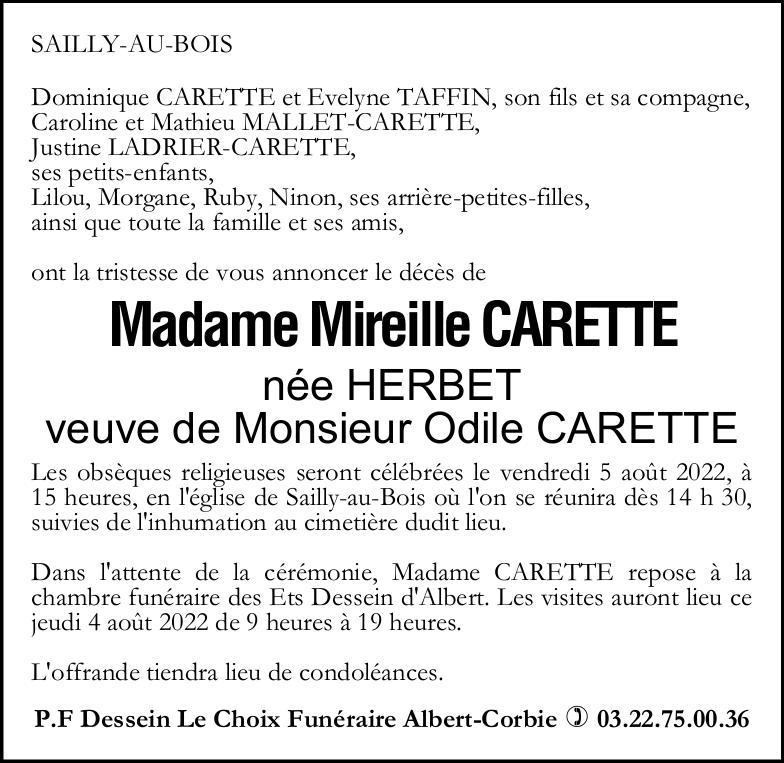 Avis de décès Mme Mireille CARETTE