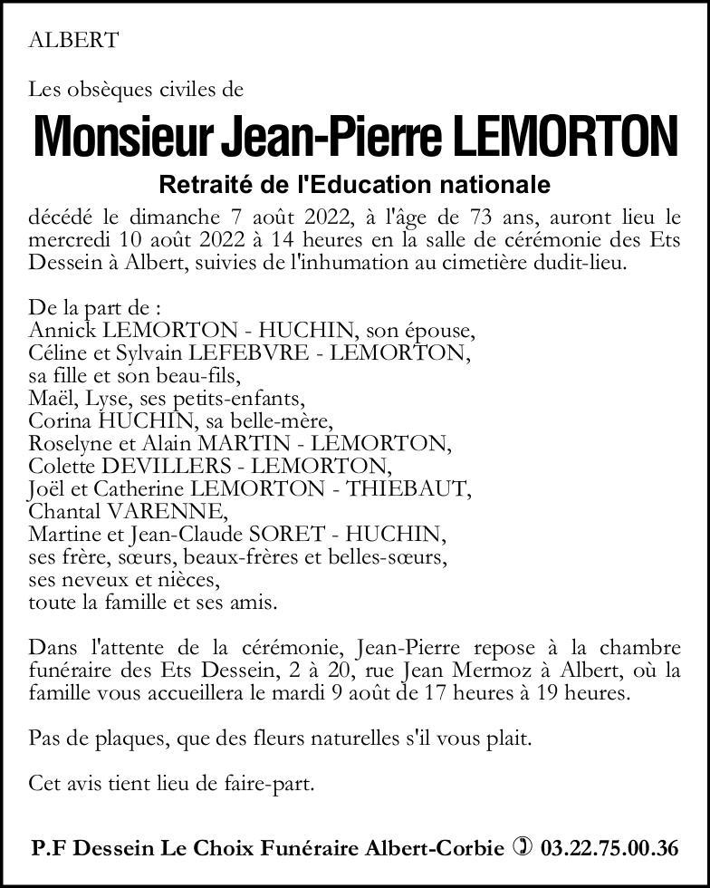 Avis de décès Monsieur Jean-Pierre LEMORTON