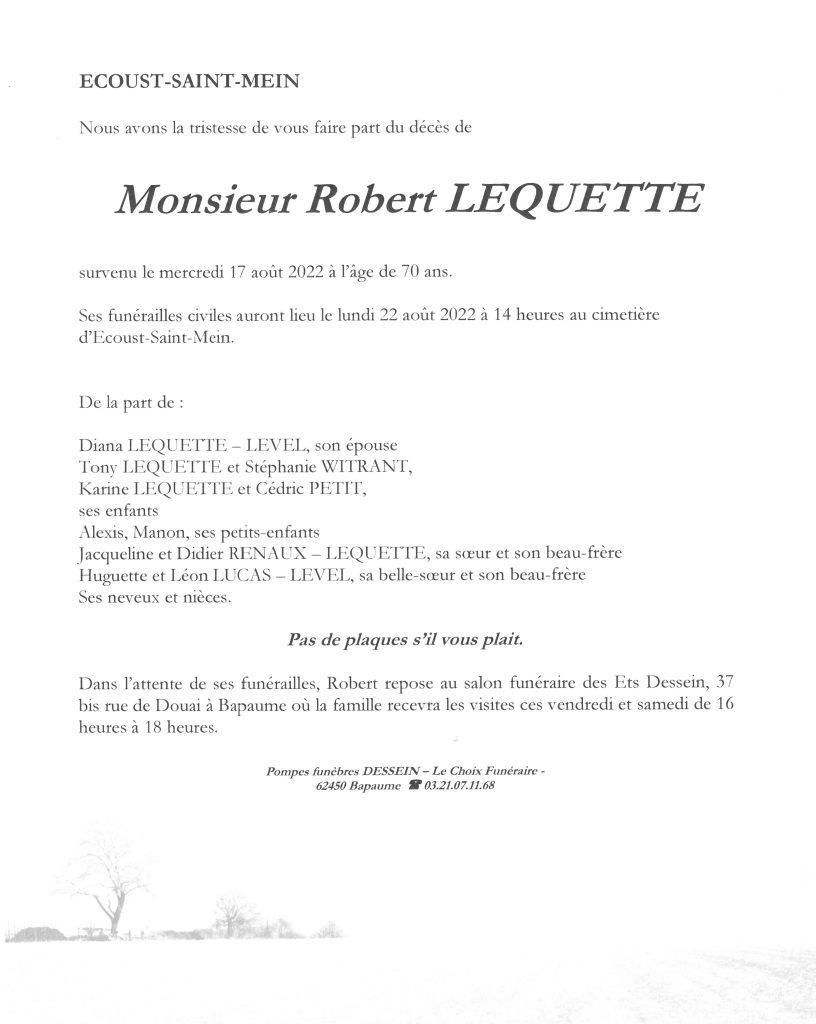 Avis de décès - Monsieur Robert LEQUETTE