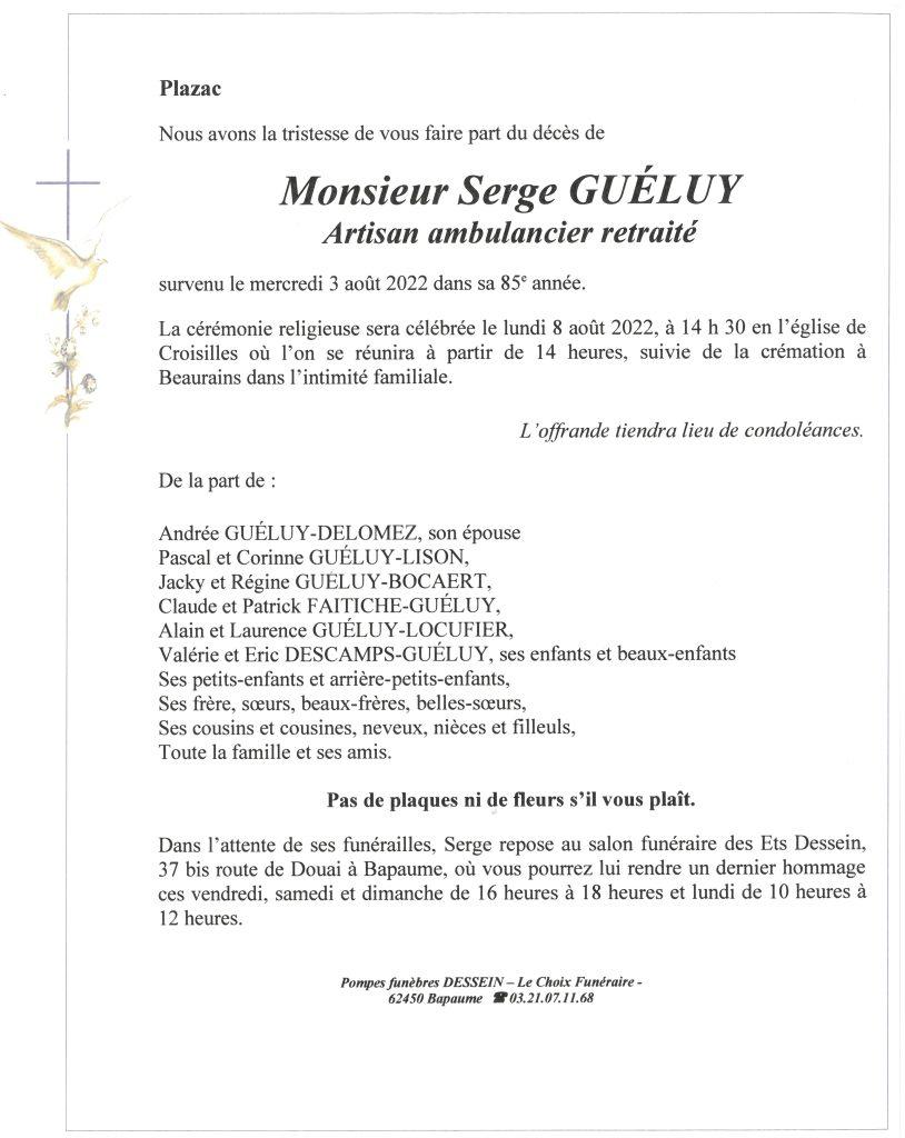 Avis de décès Monsieur Serge GUELUY