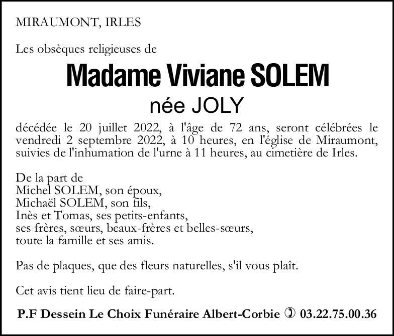 Avis de décès Viviane SOLEM