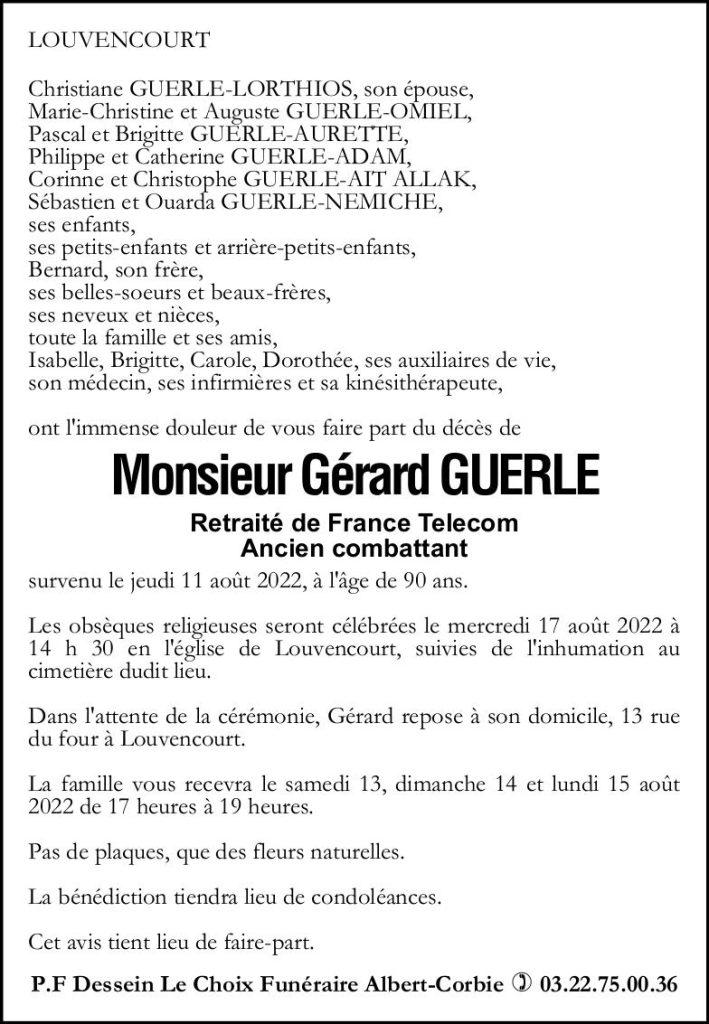 Avis de décès de Monsieur Gérard GUERLE