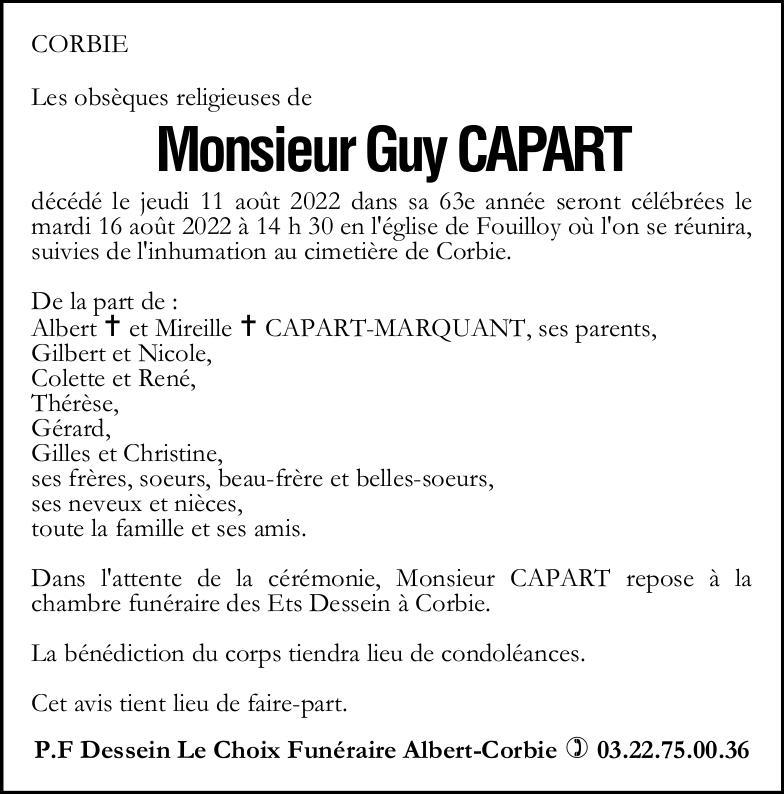 Avis de décès de Monsieur Guy CAPART