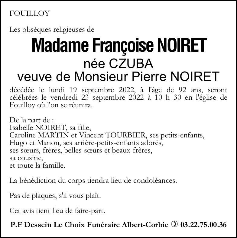Avis de décès Françoise NOIRET née CZUBA