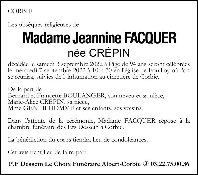 Avis de décès Jeannine FACQUER