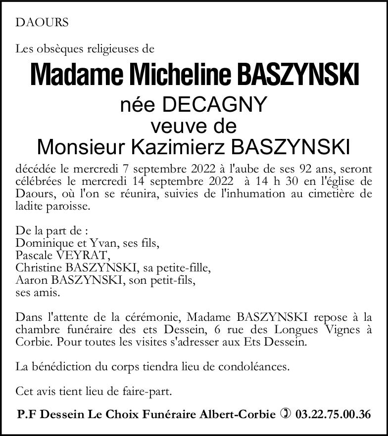 Avis de décès Micheline BAZYNSKI