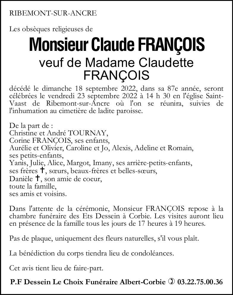 Avis de décès Monsieur Claude FRANCOIS
