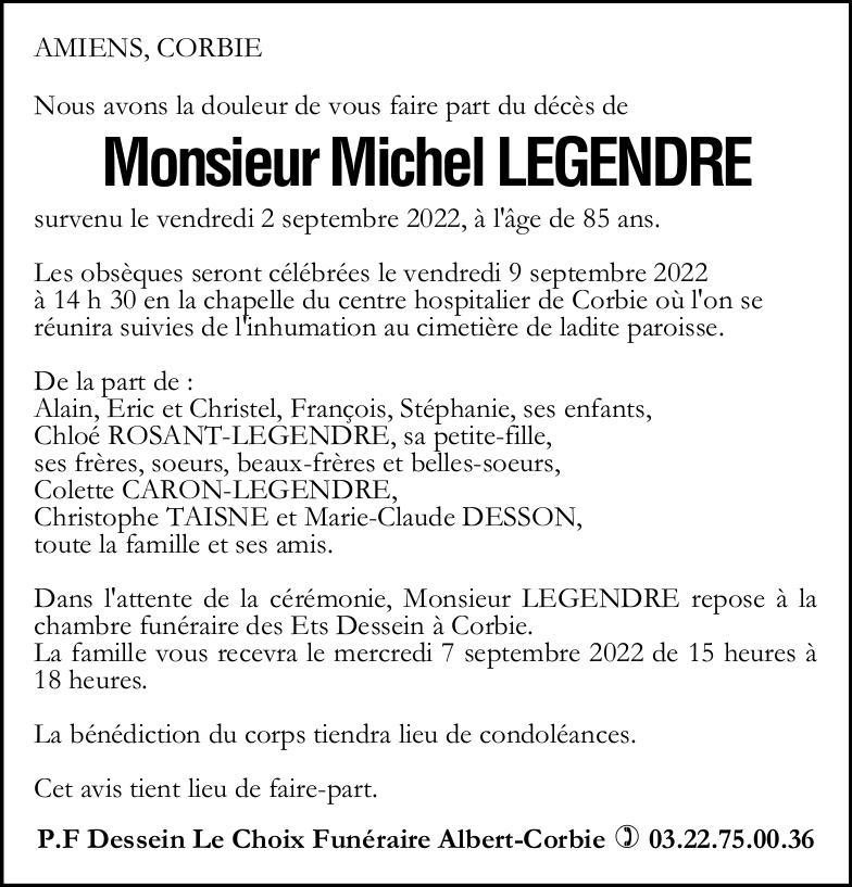 Avis de décès Monsieur MIchel LEGENDRE