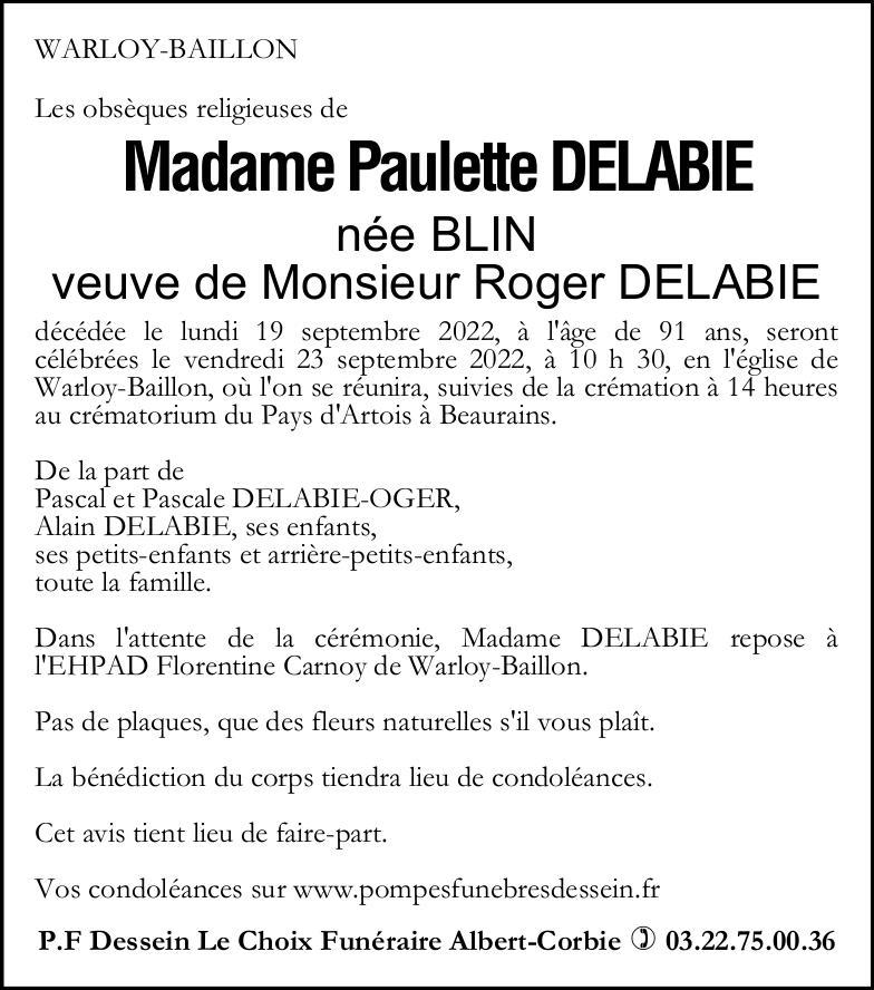 Avis de décès Paulette DELABIE née BLIN