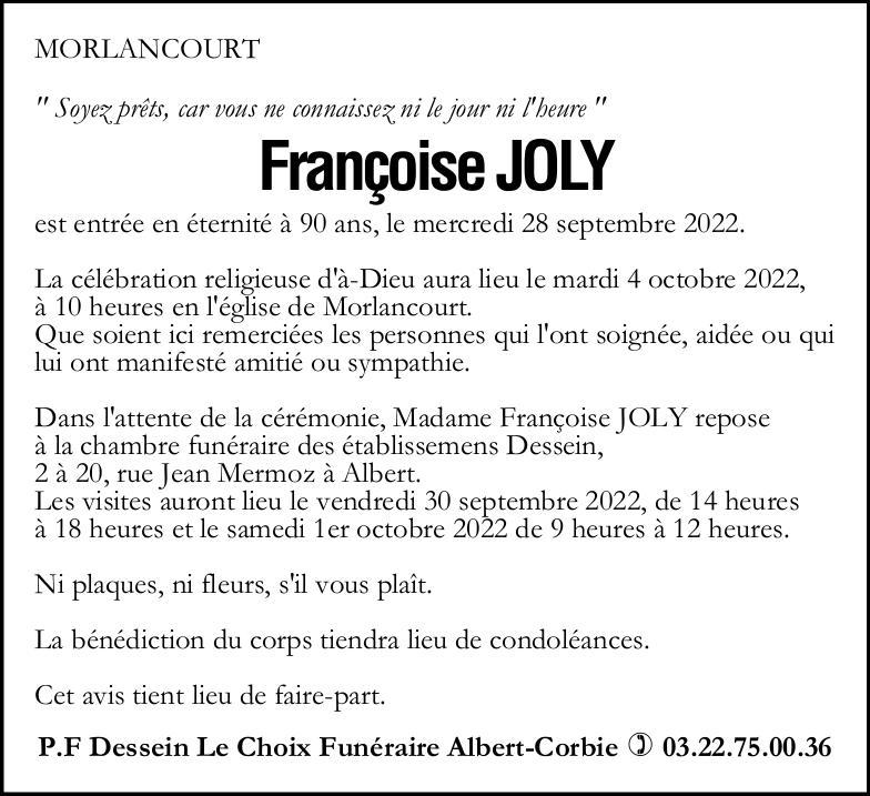 avis de décès de Madame Françoise JOLY
