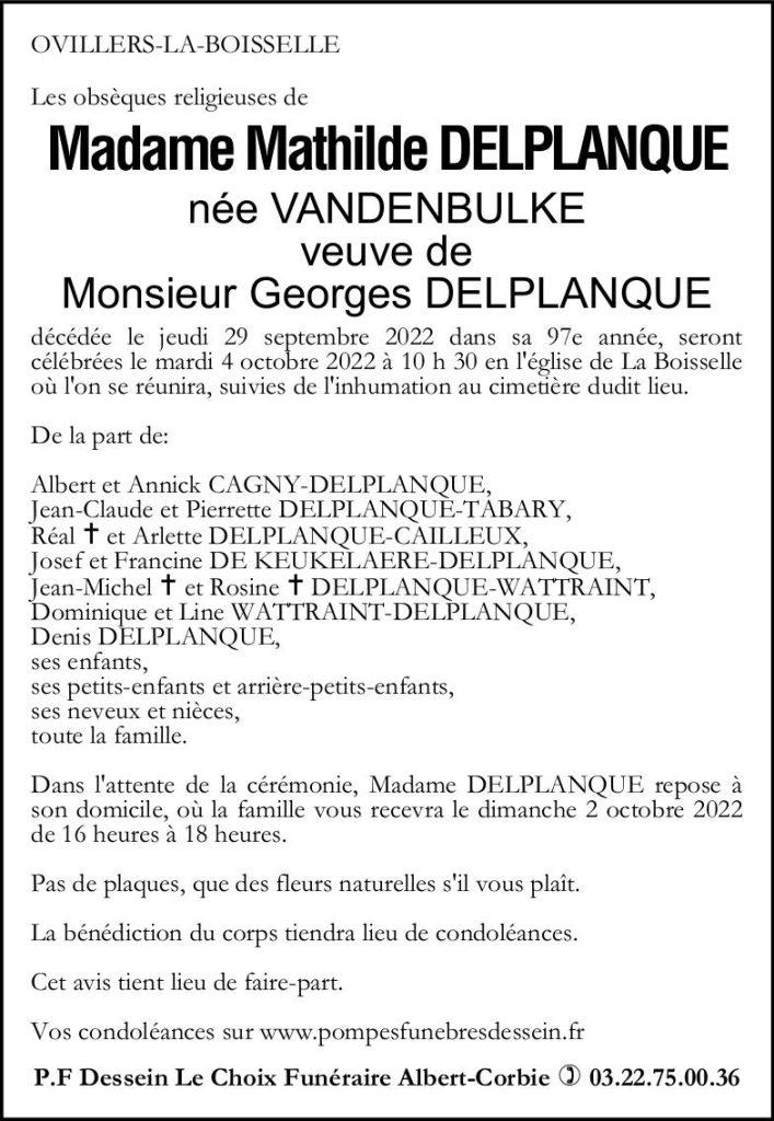avis de décès de Madame Mathilde DELPLANQUE née VANDENBULKE