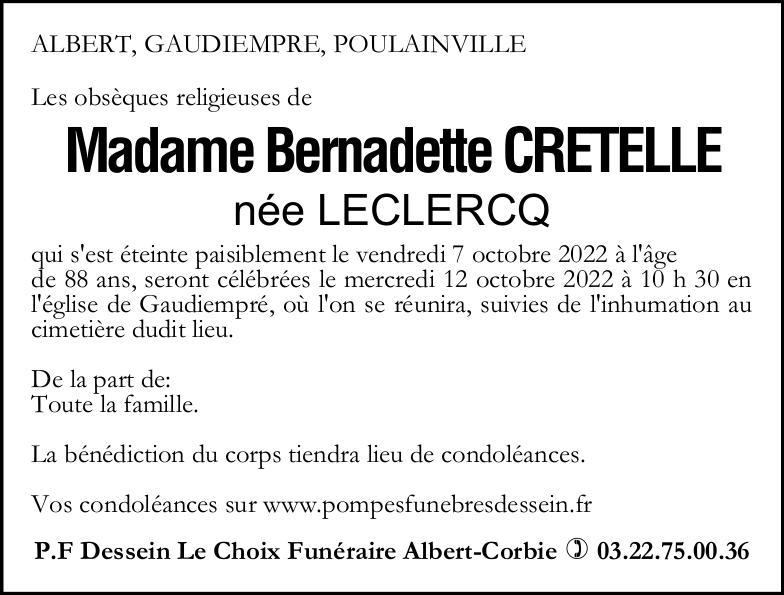 Avis de décès Bernadette CRETELLE