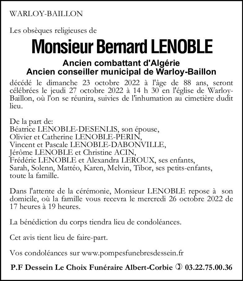 Avis de décès Bernard LENOBLE