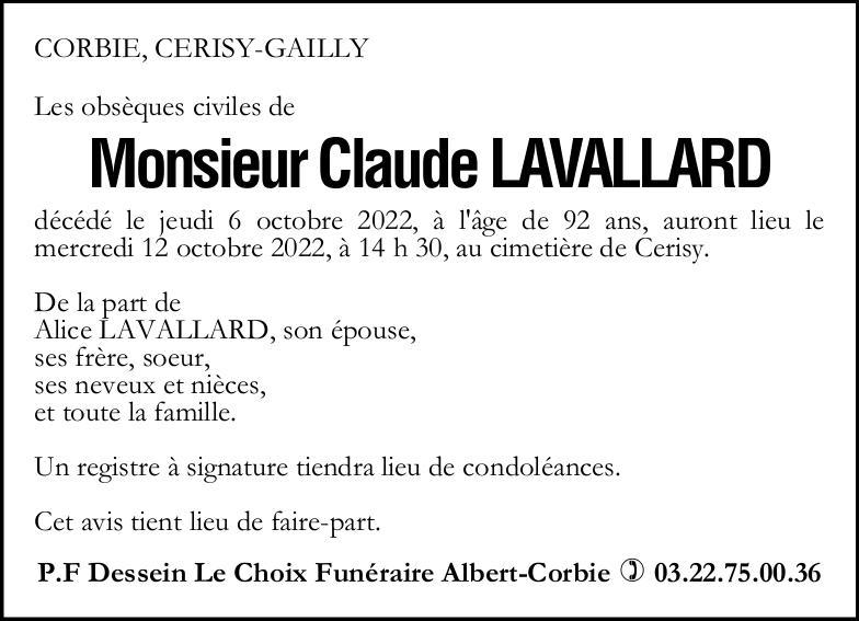 Avis de décès Claude LAVALLARD