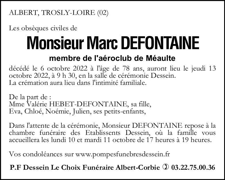 Avis de décès Marc DEFONTAINE