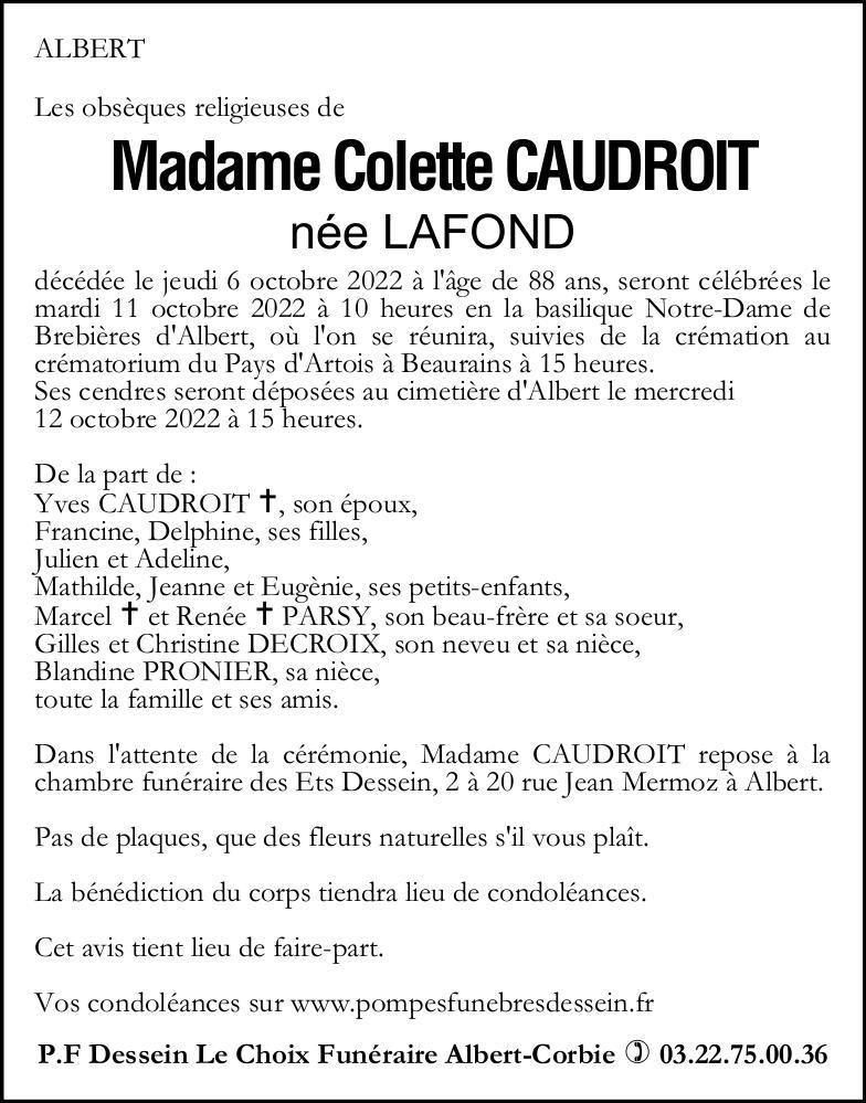 Avis de décès Mme CAUDROIT Colette