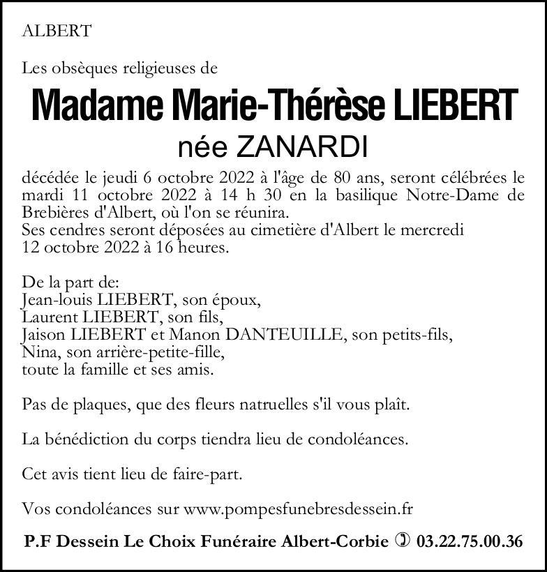 Avis de décès Mme Marie-Thérèse LIEBERT