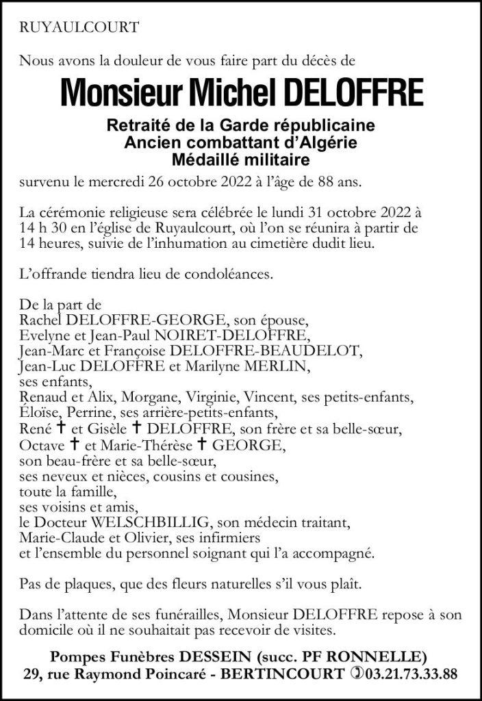 Avis de décès - Monsieur Michel DELOFFRE
