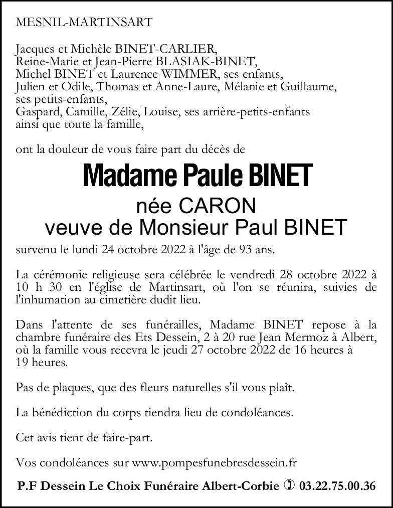 Avis de décès Paule CARON