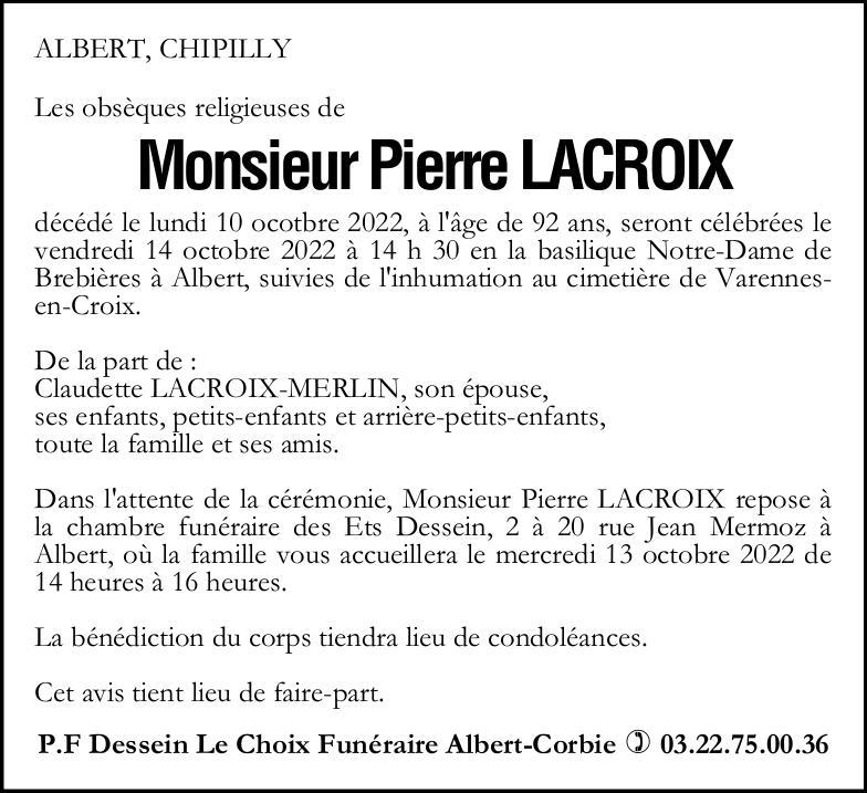 Avis de décès Pierre LACROIX