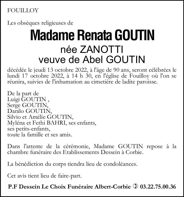 Avis de décès Renata GOUTIN