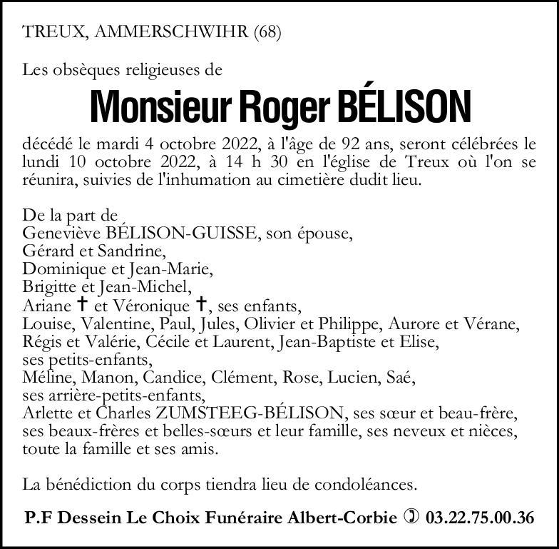 Avis de décès Roger BELISON